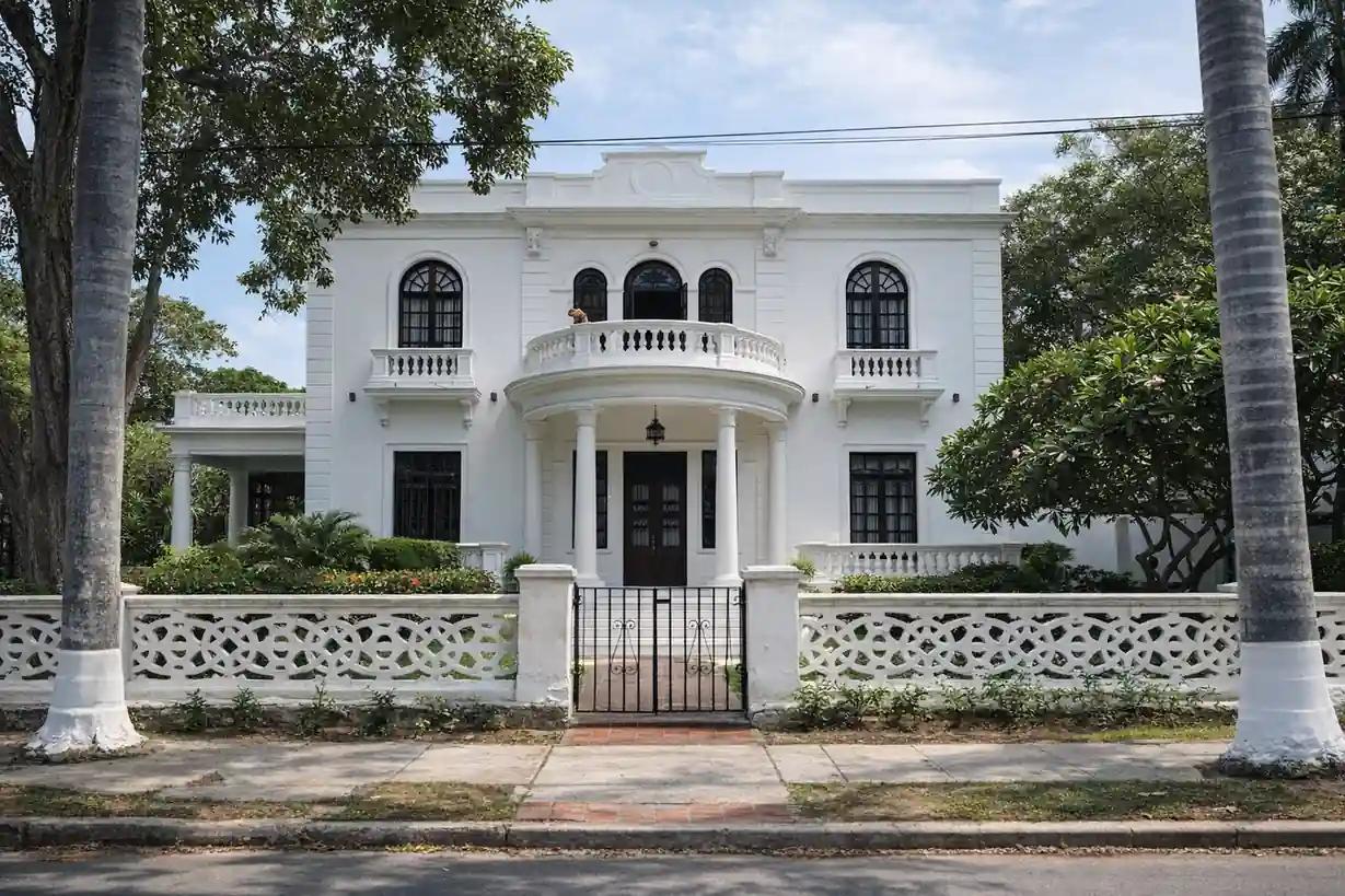 Casa clásica blanca con balcón curvo y columnas, rodeada de palmeras y jardín tropical en barrio el Prado en Barranquilla