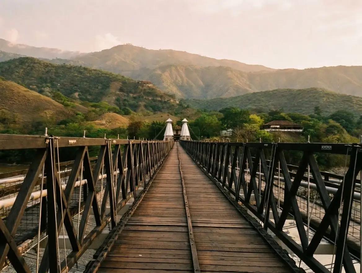 Puente de Occidente en Santa Fe de Antioquia al atardecer con luz dorada sobre el río.