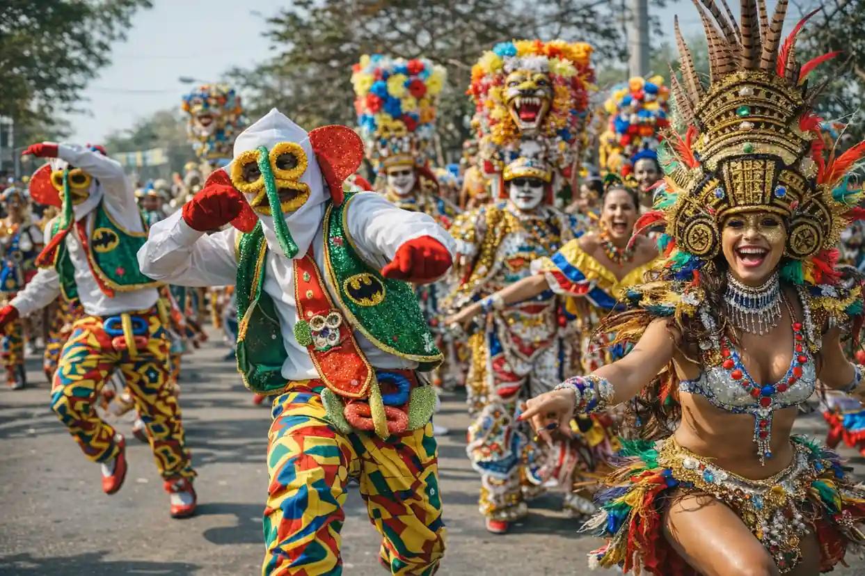 Bailarines con máscaras y trajes coloridos del Carnaval de Barranquilla desfilan con comparsas y tocados tradicionales