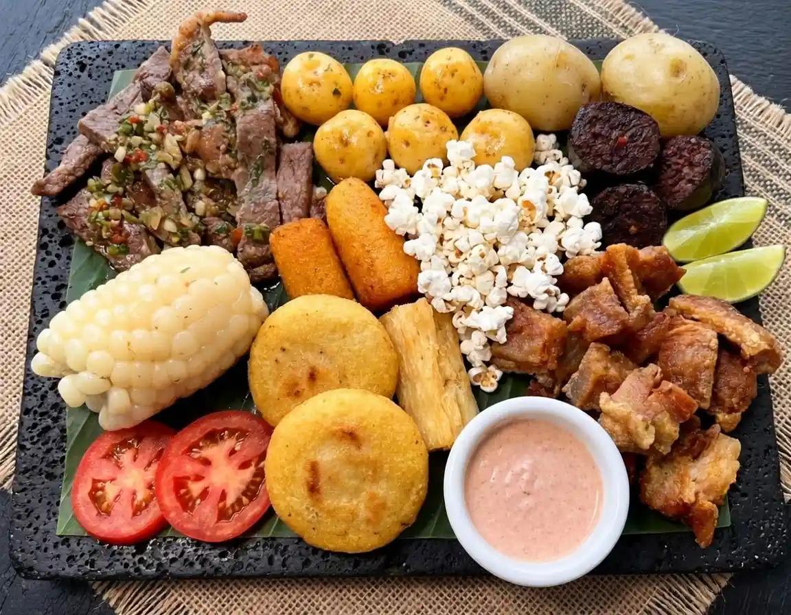 El Frito Pastuso, rozos de cerdo adobados y fritos en su propia grasa, acompañados de palomitas de maíz y mote