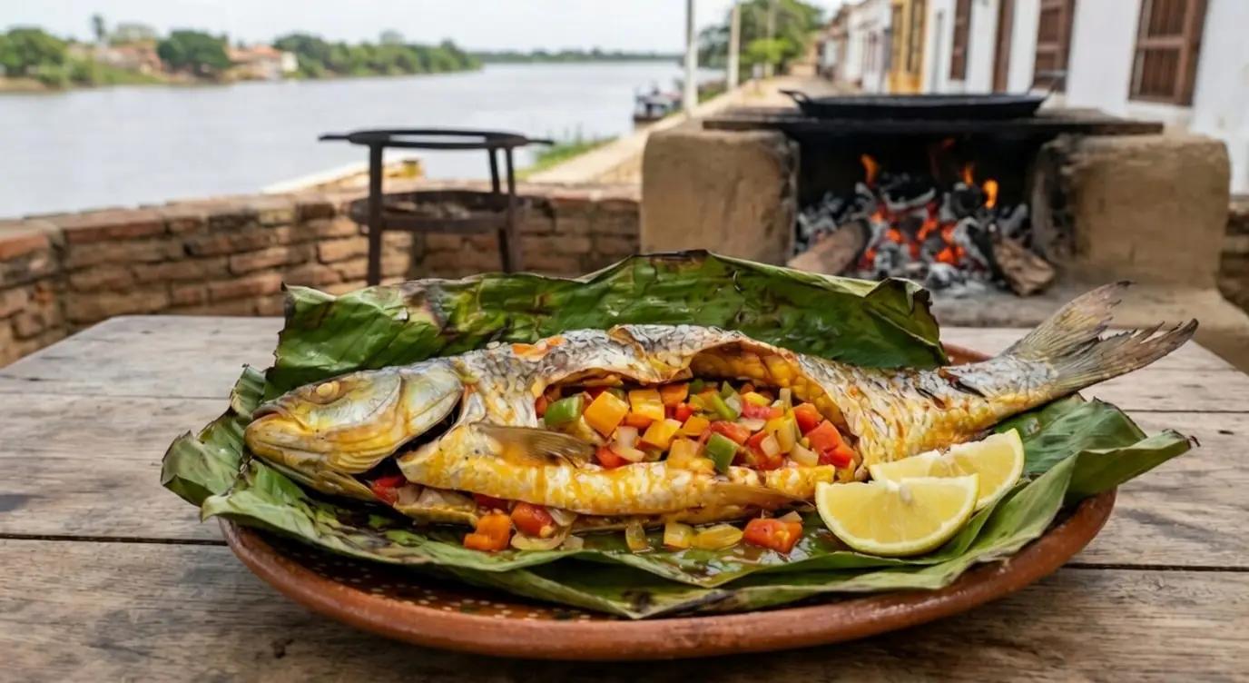 Bocachico Relleno Asado al carbón y envuelto en hojas de plátano
