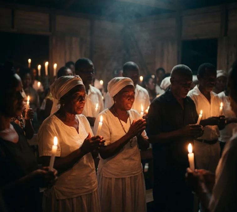 Ritual de alabao en comunidad afrocolombiana del Chocó con velas y canto tradicional.