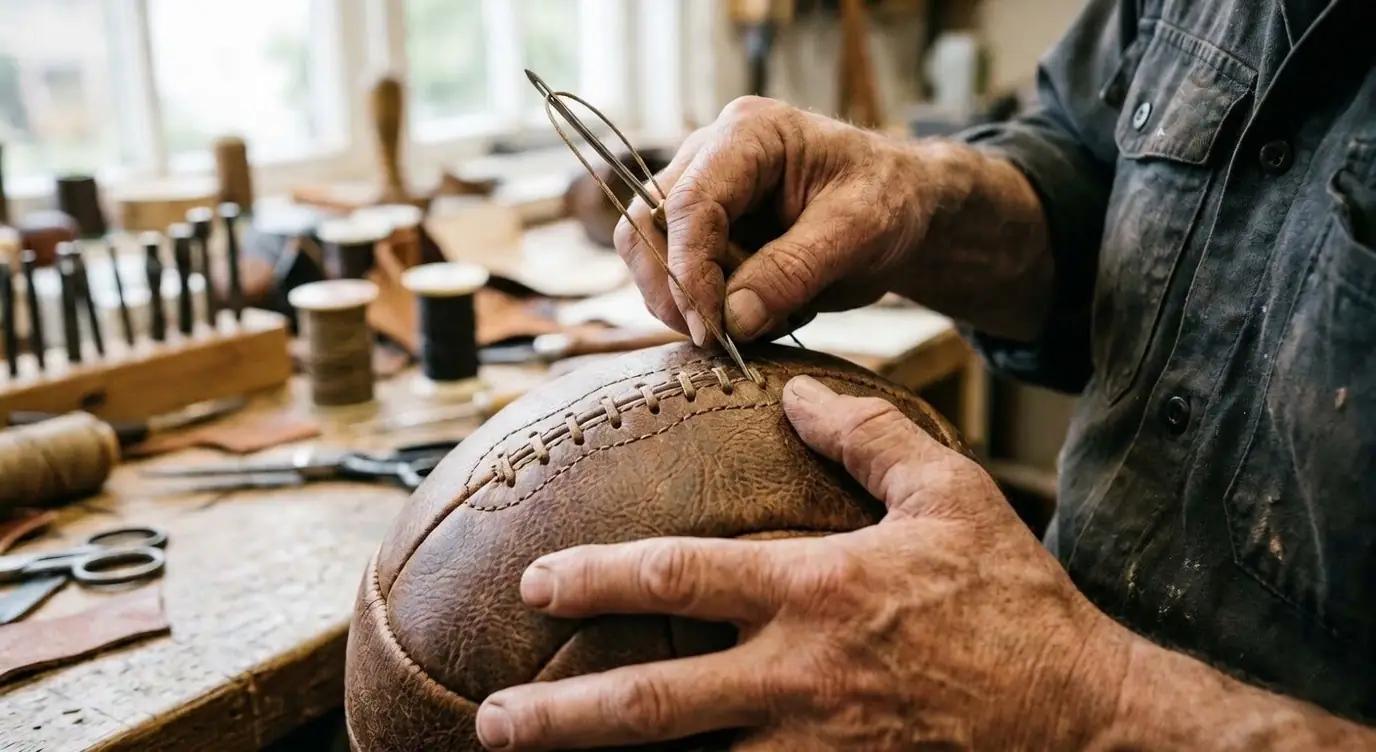 Artesano de Monguí cosiendo a mano un balón de fútbol tradicional.